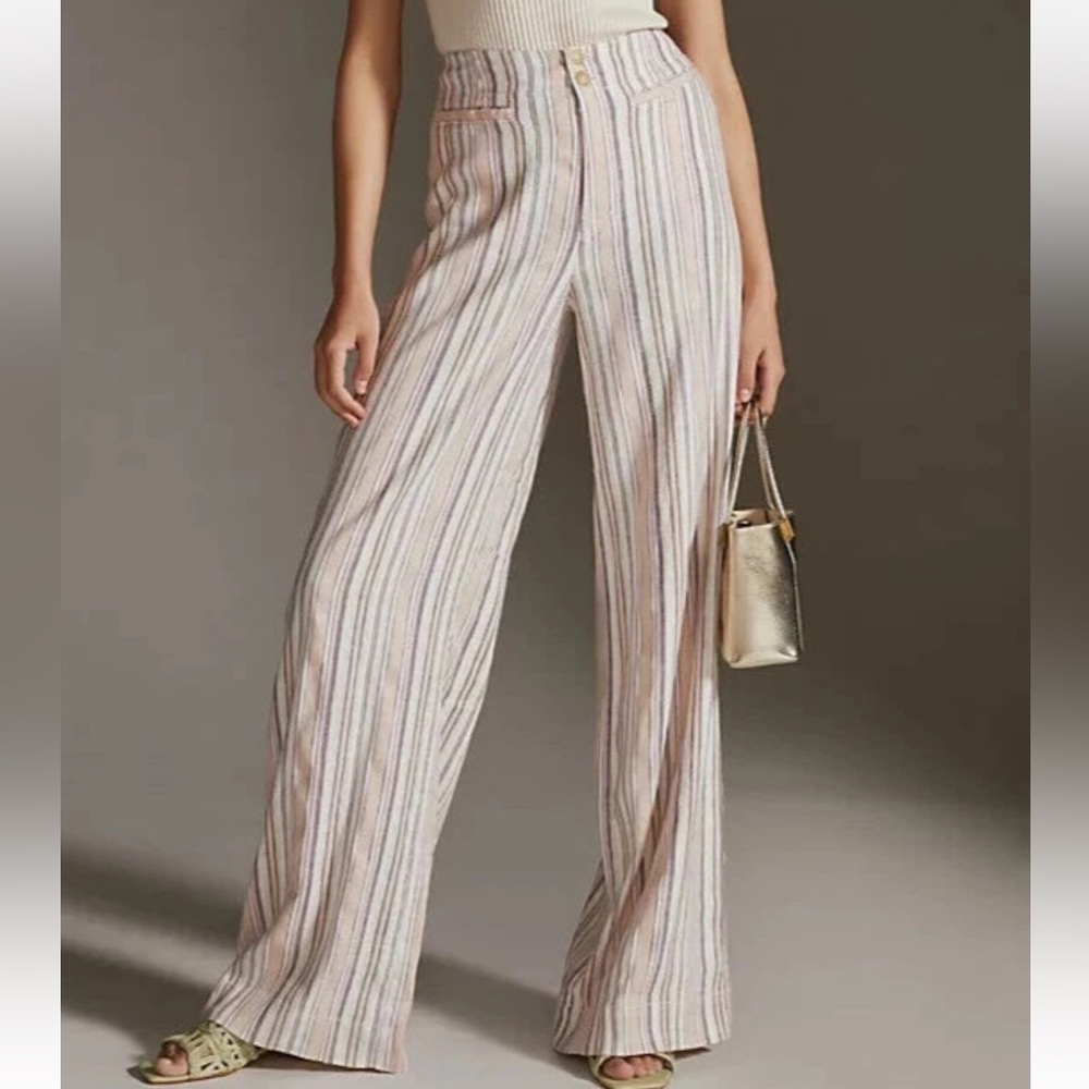 Maeve by Anthropologie Wide Leg Linen Blend Pants Striped